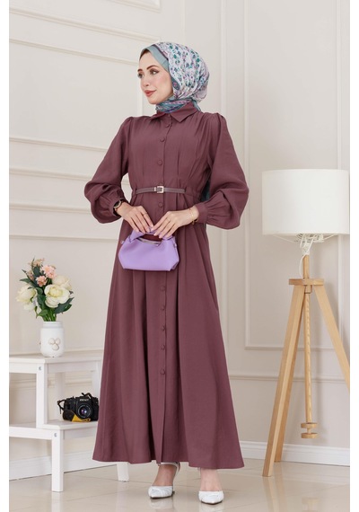 Sevitli Kemerli Tensel Elbise-gülkurusu-5038 Gülkurusu