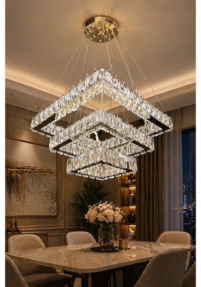 3 Katlı Kristal Kare Kumandalı 3 Renk Led Avize Krom