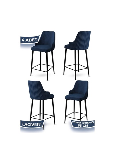 Canisa Tera Serisi 4 Lacivert Sandalye 65 Cm Ada Mutfak Bar Sandalyesi Babyface Kumaş Siyah Metal Ayaklı Sandalyeler Lacivert Ayaklar Siyah