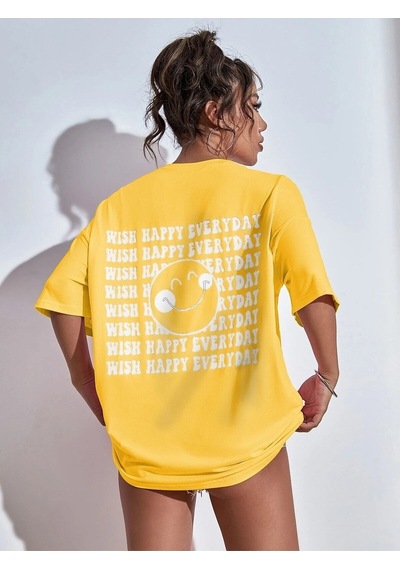 Flood Of Style Kadın Sarı Wish Happy Everyday Baskılı Oversize T-shirt