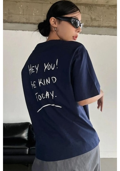 Flood Of Style Unisex Hey You Baskılı T-shirt Lacivert