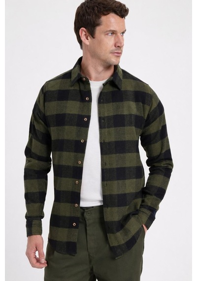 Tudors Erkek Slim Fit Dar Kesim Kareli Kışlık Oduncu Gömlek-42354 Haki