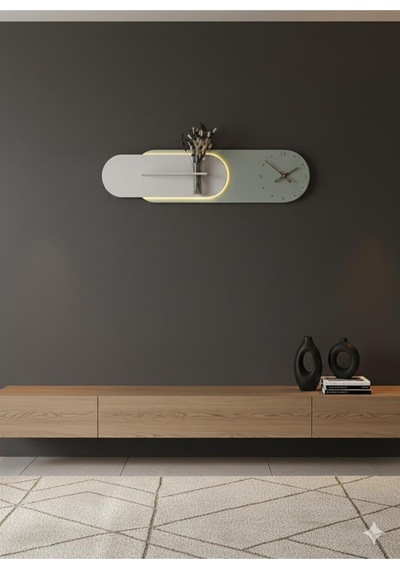 Kardelen Ahşap Pilli Ledli İskandinav Tarzı Salon Duvar Rafı Modern Çiçeklik 112 X 28 Cm Paris Grisi - Yeşil