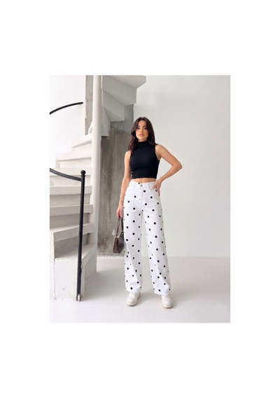 Kene Jeans Bol Paça Puantiyeli Beyaz Keten Pantolon Beyaz