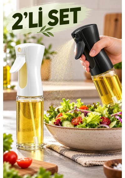 2 Li Cam Sprey Yağlık Seti 2 220 Ml Zeytinyağı Püskürtücü, Salata Ve Airfryer İçin Yağ Spreyi Siyah - Beyaz