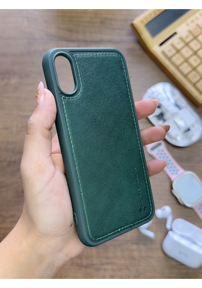 Apple iPhone X Uyumlu Premium Deri Dokulu Darbelere Karşı Dayanıklı Nazal Silikon Kılıf Haki