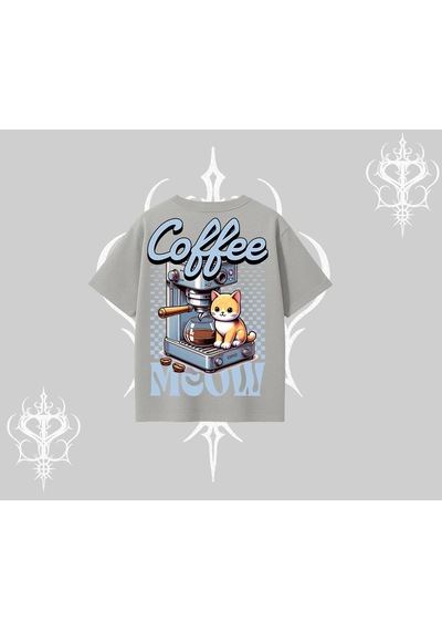 Tarzsokak Coffee Meow Kahve Temalı Kedi Arka Baskılı Oversize Tshirt Gri