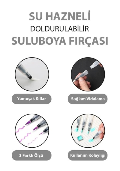 3 Adet Su Hazneli Suluboya Fırçası