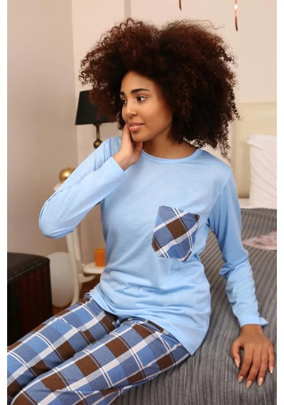 Kadın Uzun Kol Penye Pijama Takım Mavi Mavi