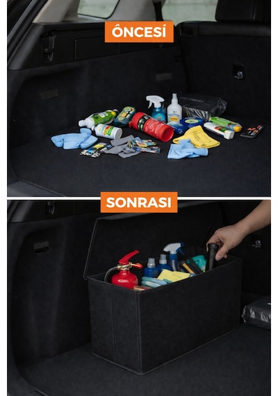 Serstil Oto Bagaj Organizer Kapaklı Düzenleyici Çanta Cırtlı, Katlanabilir Araç Bagaj Kutusu 50x25x15 Cm
