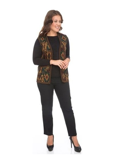 Kadın Etnik Desen Klasik Triko Örgü Kilim Yelek 1052-siyah Siyah