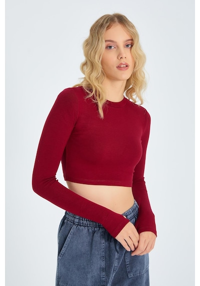 Mixray 2005 Kadın Bisiklet Yaka Parmak Geçmeli Crop Örme Bluz Bordo Bordo