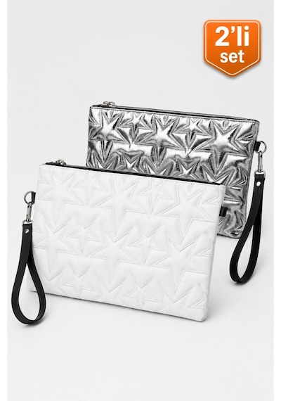 Adelina Bags 2'li Çanta Paketi Yıldız Desenli Portföy El Çantası Bilek Askılı Clutch Çanta Beyaz - Açık Gri