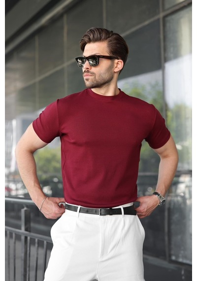 Madmext Bordo Bisiklet Yaka Regular Fit Erkek Tişört E7188