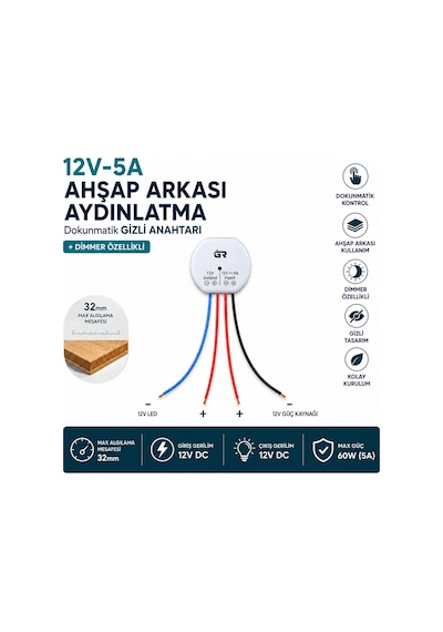 Ahşap Arkası 12V DC– 5A (60W) Dokunmatik Gizli Anahtar| Dimmer Özellikli