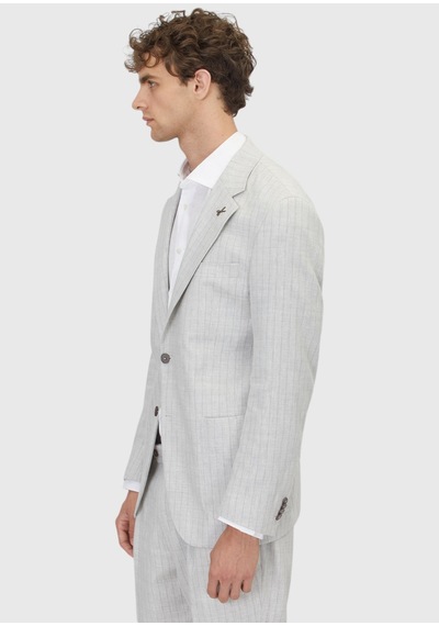 Ramsey Açık Gri Çizgili Zeroweight Slim Fit Yün Karışımlı Takım Elbise