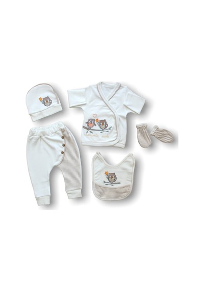Romantik Çift Baykuş Nakışlı %100 Cotton 5li Zıbın Takımı Hastane Çıkışı Çok Renkli