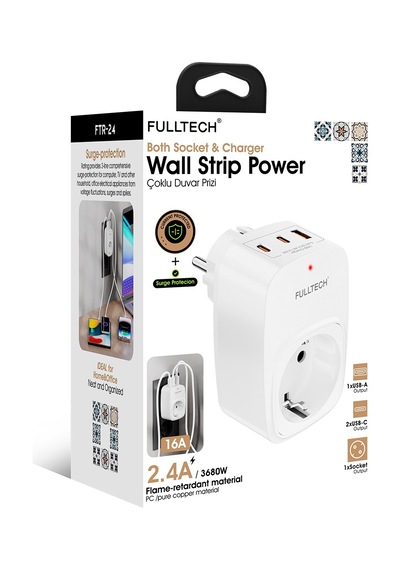Ftr-24 Çoklu Duvar Prizi 16a 3680w Beyaz 2x Usb-c + 1x Usb-a Şarjlı Priz Akım Korumalı Surge Protection Akıllı Priz 0
