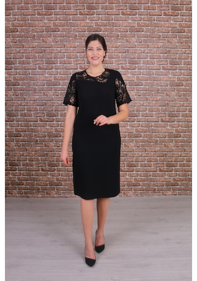 Nidya Moda Büyük Beden Kadın Siyah Dantelli Abiye Elbise-4160s Siyah