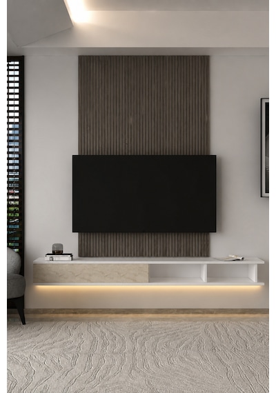 180dhdxtdalbt Mono Led Işıklı Duvara Monte Tv Sehpası Beyaz-traverten
