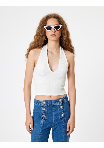 Koton Halter Yaka Atlet Kolsuz Crop Dikiş Detaylı Kaşkorse Ekru 4sal30348ık Ekru