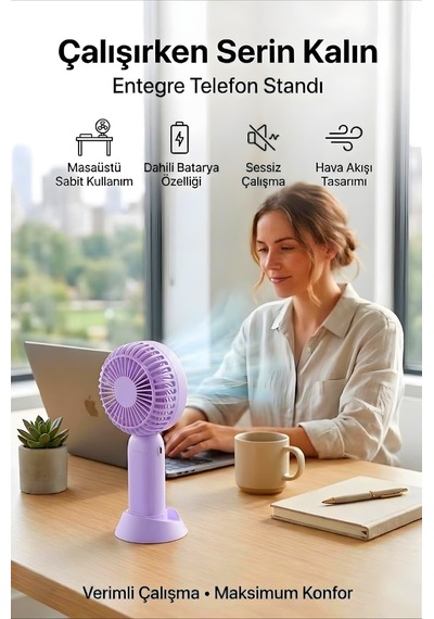 Şarjlı Taşınabilir Mini El Fanı 3 Kademeli Hız Ayarlı Telefon Standlı Vantilatör Mor