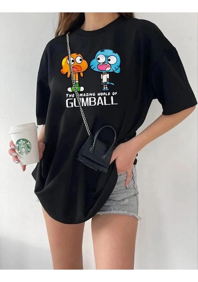 Freedom Storee Kadın Kısa Kol Tişört Bisiklet Yaka Baskılı Oversize T-shirt - Siyah Çok Renkli