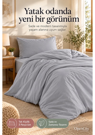 Gri Tek Kişilik Nevresim Takımı 3 Parça Düz Renk 160x220 Nevresim Çarşaf Yastık Kılıfı Sade Tasarım