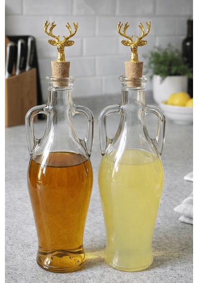 2'li Amfora Model Geyik Mantar Tıpalı Cam Yağ Şişesi - 750ml. Şeffaf Sirke Limon Suyu Şişesi - Altın Geyik Şeffaf