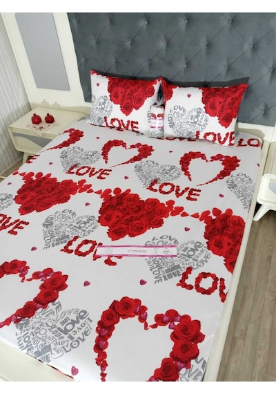 Lionas Battal Boy Nevresim Takımı - Love Yazılı Kırmızı Çarşaf Ve Yastıklı Kırmızı