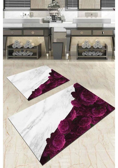 Mürdüm Çiçekli Desen Banyo Halısı Klozet Paspas Seti Bs013n11