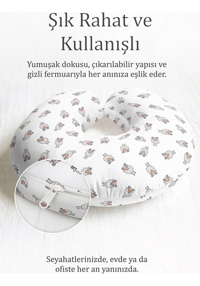 Küçük Koyun Desenli Pamuklu Boyun Yastığı - Sevimli Hayvan Figürlü Beyaz Turuncu Seyahat Yastığı Metalik Göl Bordo