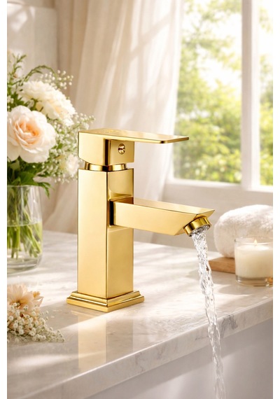 Viosa Lüks Altın Lavabo Bataryası Pirinç Gövde Aç Kapa Musluk Modern Kare Tasarım Banyo Batarya Siyah