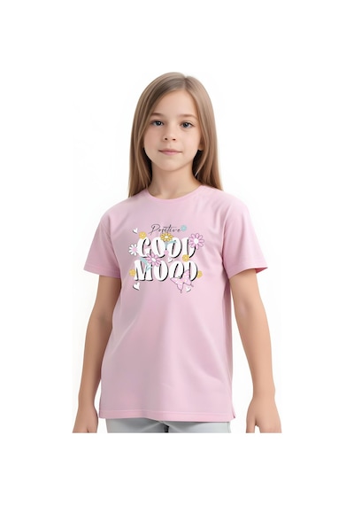 Panios Kids Positive Good Baskılı Kız Çocuk Kısa Kollu T-shirt Açık Pembe