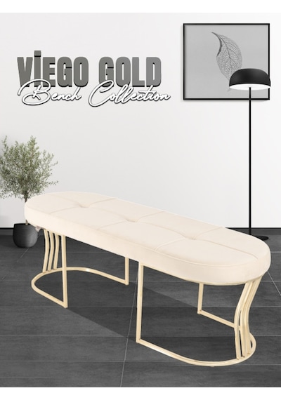 Viego Gold Collection- Krem Kapitoneli Chester Model Puf & Bench & Koltuk & Uzun Makyaj Puff & Yatak Ucu