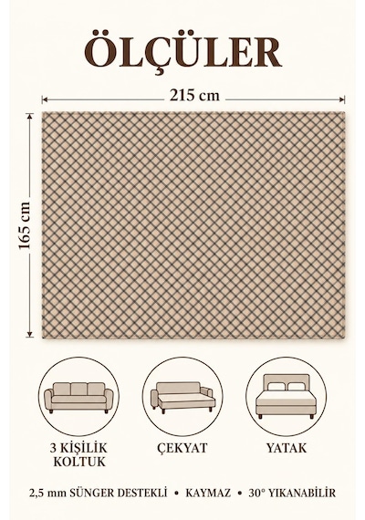 Çok Amaçlı Kadife Koltuk Örtüsü Kaymaz Süngerli 165x215 Cm Modern Bohem Çekyat Şalı Piknik Masa Örtüsü Alk4 Bej