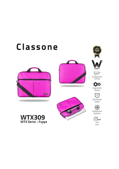 Classone Wtx309 Wtxpro Serisi 15.6 İnch Su Geçirmez Kumaş Apple Uyumlu MacBook , Laptop , Notebook El Çantası- Fuşya