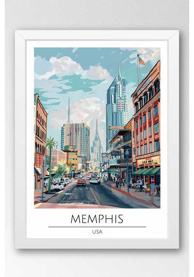 Abd Memphis Temalı Çerçeveli Tablo Travel Serisi Modern İllüstrasyon Şehir Duvar Dekoru Beyaz