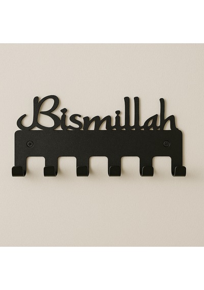Lunoart Bismillah Yazılı Metal Anahtarlık Askılığı Siyah 6 Askılı Modern Duvar Dekoru Siyah
