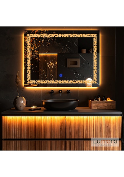 Gleamira Amber Led'li Lazer Kumlamalı Lavabo & Banyo Aynası Dokunmatik Sensörlü 65 X 90 Cm Turuncu