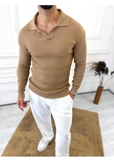 Elku Moda Kazak Slim Fit Polo Yaka Fitilli Yumuşak Dokulu Tüylenmez Sweatshirt Kahverengi