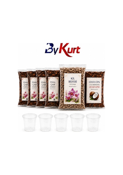 Orkide Toprağı Saksı Değişim Seti Premium - 4 Adet İthal Çam Kabuğu + Coco Cips + Kil Bilyesi + 5 Adet Şeffaf Orkide Saksısı Bakım Seti 6 L