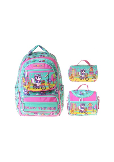 Kaukko Kids Cat Bike Yeşil - Pembe Renk Kız Çocuk Üçlü İlkokul Okul Çantası Seti/takımı - Setkk-l5328a Çok Renkli