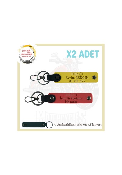 Tüm Sürücülere, İsim Plaka Ve 0 Rh - Kan Grubu Yazılı X2' Li Set Anahtarlık, Nar Çiçeği-sarı-laci