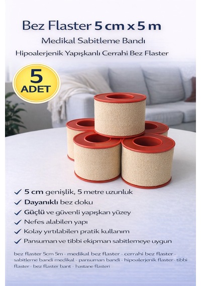 Bez Flaster 5 Cm X 5 M Medikal Sabitleme Bandı Hipoalerjenik Yapışkanlı Cerrahi Bez Flaster 5 Adet