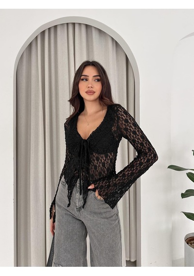 Ckm Moda Noir Lace Bağlamalı Dantel Bluz Siyah