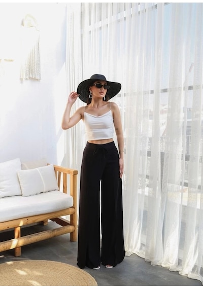 Defymoda Keten Önü Çapraz Parçali Lasti Kli Ve Bağcikli Geni Ş Paça Pantolon Siyah