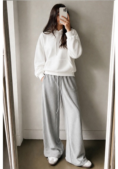 Cool Tarz Kadın Oversize Hoodie Sweatshirt Kapüşonlu Kanguru Cepli Beyaz Beyaz