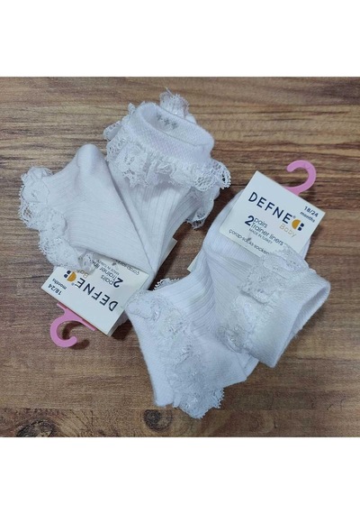 Kıpırık Baby 2 Çift Kız Çocuk Beyaz Renkli Fistolu Detaylı Desenli Soket Çorap-1111 Beyaz