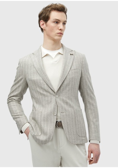 Ramsey Bej Çizgili Zeroweight Slim Fit Yün Karışımlı Ceket